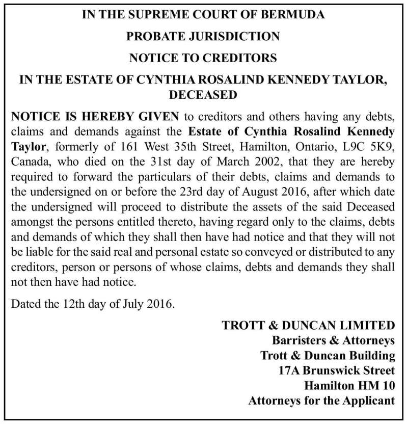 Estate of Cynthia Rosalind Kennedy Taylor Notice to Creditors - The ...