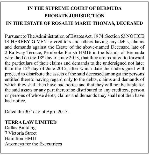 IN THE SUPREME COURT OF BERMUDA PROBATE JURISDICTION IN THE ESTATE OF ...