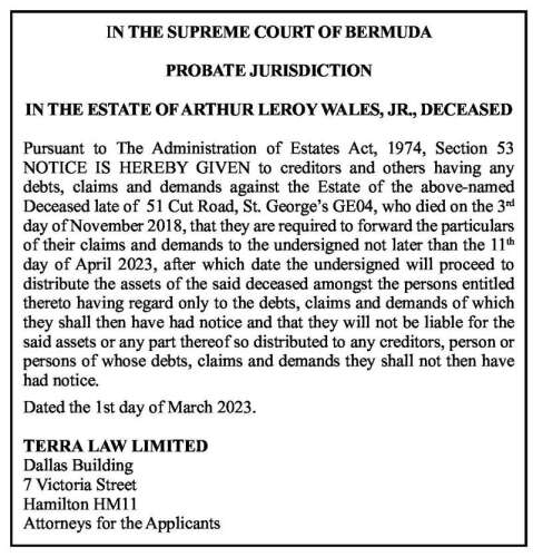 PROBATE JURISDICTION IN THE ESTATE OF ARTHUR LEROY WALES JR