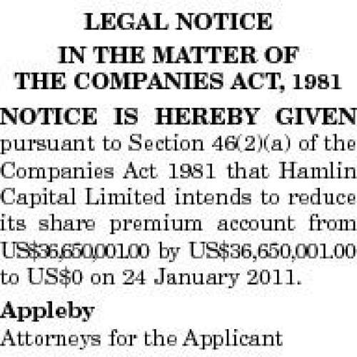 LEGAL NOTICE IN THE MATTER OF THE COMPANIES ACT, 1981 NOTICE IS HEREBY