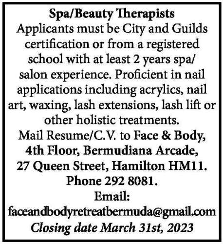 Spa Beauty Therapist The Royal Gazette Bermuda News Business