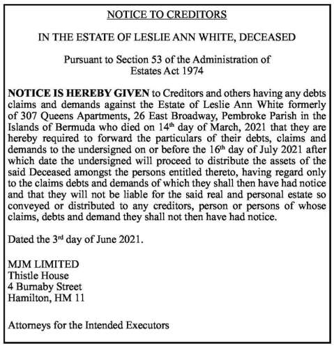 NOTICE TO CREDITORS - IN THE ESTATE OF LESLIE ANN WHITE, DECEASED - The ...