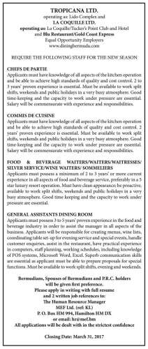 Chef De Partie Commis De Cuisine Food Beverage Waiters Waitresses Silver Service Wine Waiters Sommeliers And General Assistants Dining Room The Royal Gazette Bermuda News Business Sports Events Amp Community