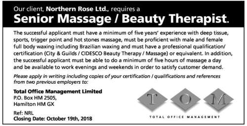 Senior Massage Beauty Therapist The Royal Gazette Bermuda News