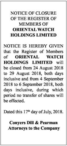 Oriental Watch Holdings Limited The Royal Gazette Bermuda News