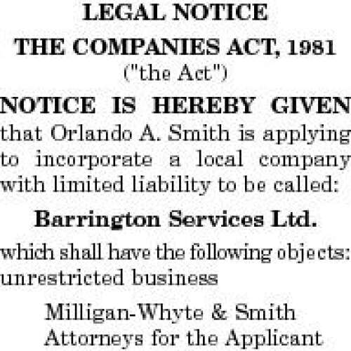 LEGAL NOTICE THE COMPANIES ACT, 1981 ("the Act") NOTICE IS HEREBY GIVEN