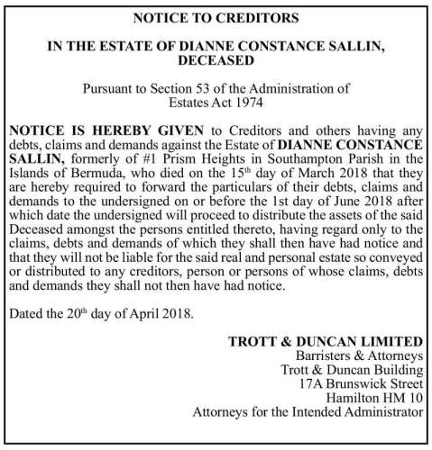 Notice To Creditors- In The Estate Of Dianne Constance Sallin, Deceased ...