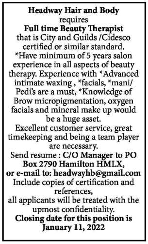 Full Time Beauty Therapist The Royal Gazette Bermuda News Business