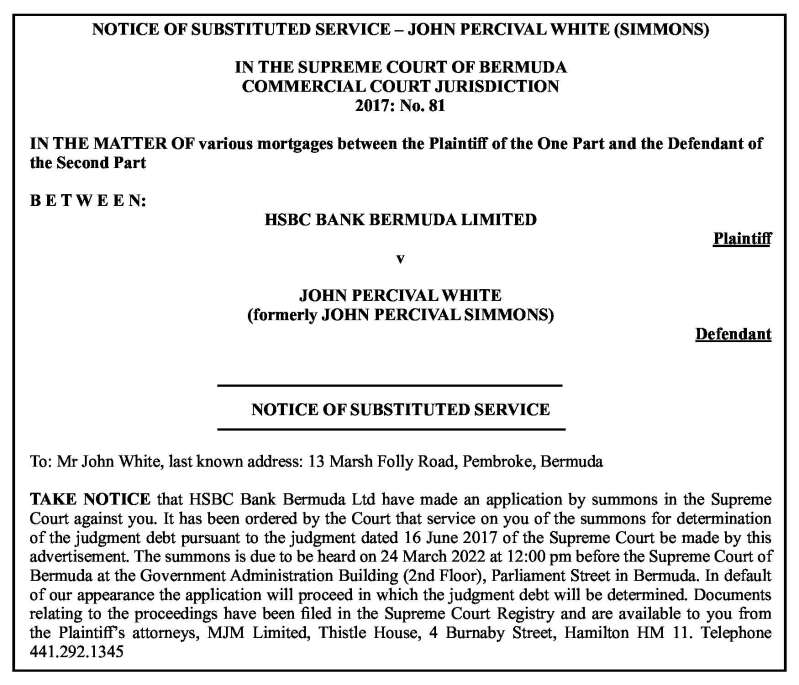Notice of Substituted Service The Royal Gazette Bermuda News Notice of Substituted Service The Royal Gazette Bermuda News